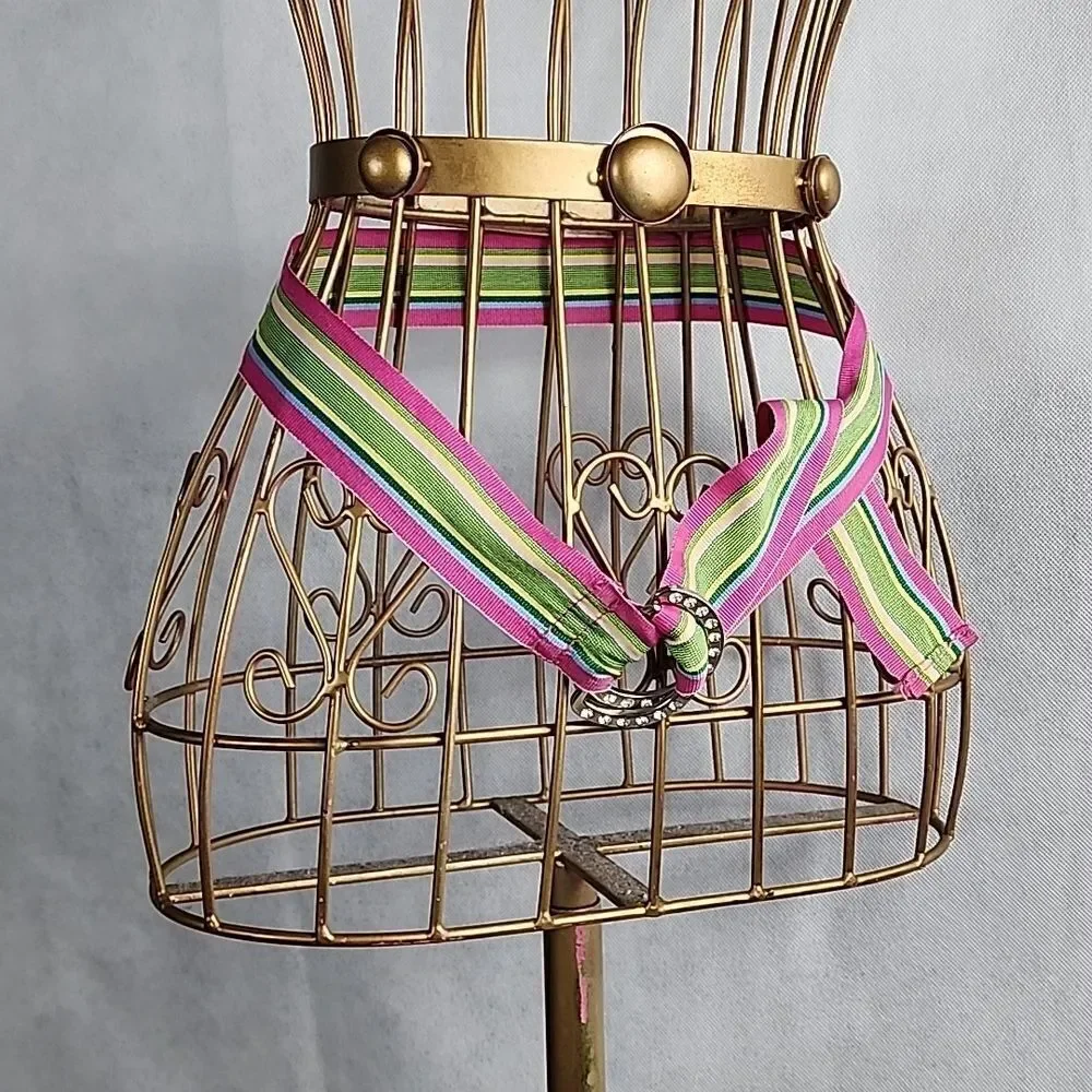 Vintage Striped Preppy Belt with Double Silver tone Metal Rhinestone Buckles